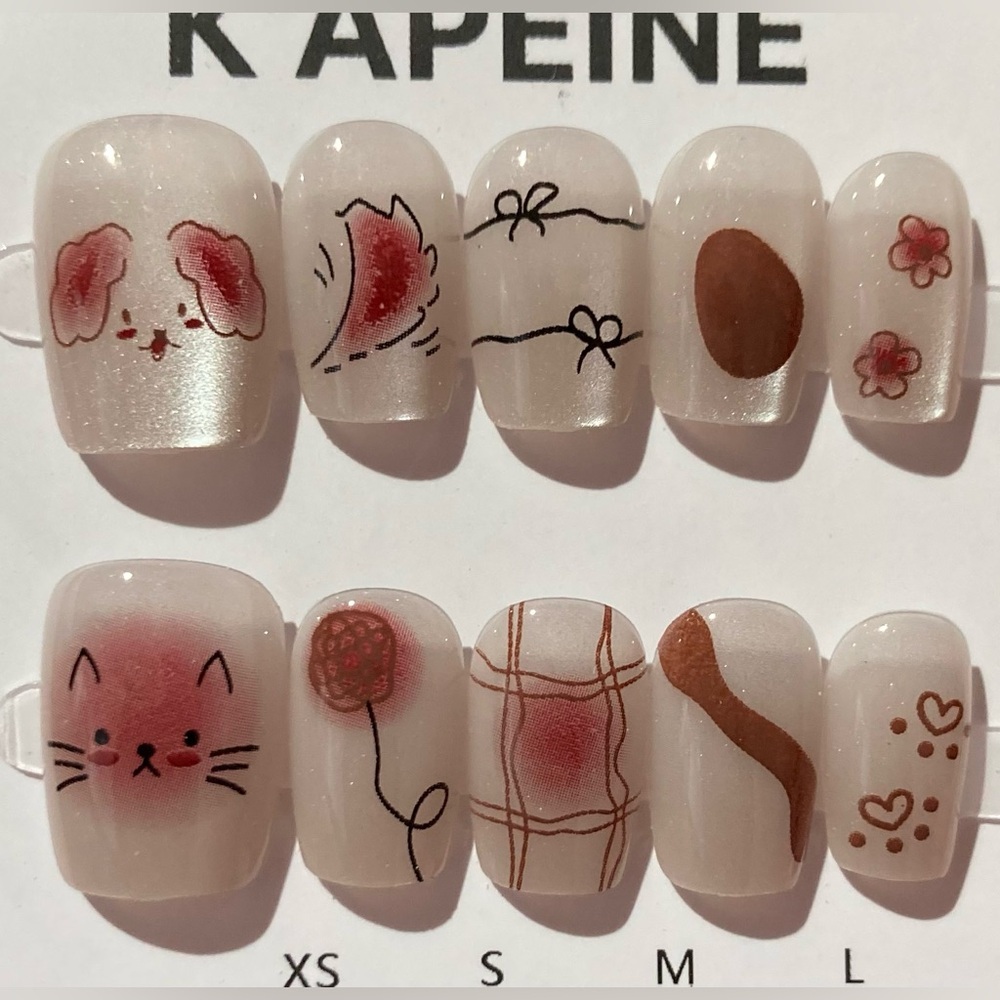 [M]🐶🐱🌺💕10Pcs Wearable Press on Nails Full Cover Short Puppy Kitten Flower Hearts